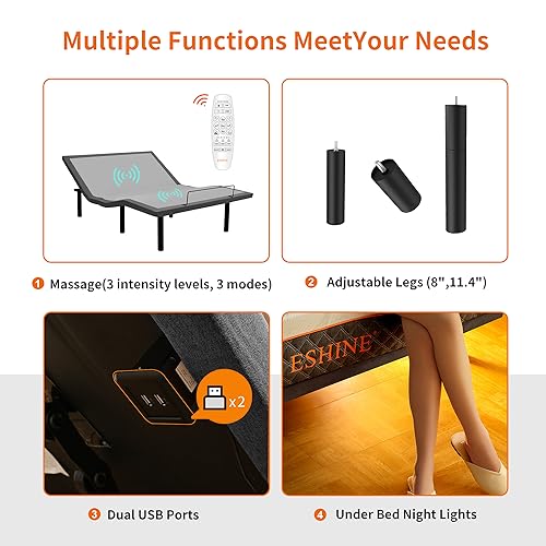 ESHINE Adjustable Bed Frame Smart Bed Queen - Quick Installation in 5 Minutes Electric Bed Base with Massage, Ergonomic Foot&Head Incline, Zero Gravity, Dual USB Ports, Under Bed Light, Queen