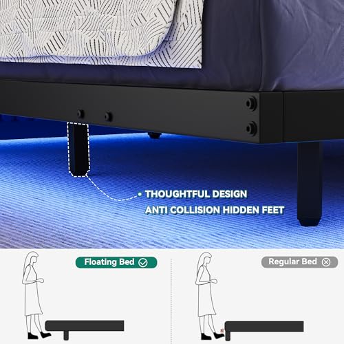 YITAHOME Floating Bed Frame Full Size, LED Bed Frame with Charging Station, Metal Platform Full Bed with Heavy Duty Steel Slats Supports, No Box Spring Needed, Easy Assembly, Black