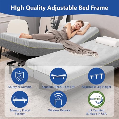 Twin XL Adjustable Bed Base with Mattress, 12 Inch Gel Memory Foam Medium-Firm Mattress in Box, Wireless Remote, Head/Foot Lift Electric Smart Bed, Updated Adjustable Bed Frame with Thickened Frame