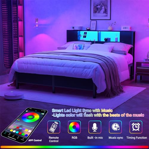 Homieasy Queen Size Bed Frame with Storage Headboard and Charging Station, Industrial Platform Metal Bed with LED lights, Steel Slat Support, No Box Spring Needed, Noise-Free, Easy Assembly, Black
