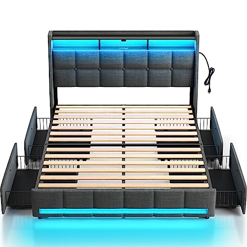Rolanstar Full Size Bed Frame with LED Lights and Charging Station, Upholstered Bed Storage Headboard & Drawers, Heavy Duty Wood Slats, Easy Assembly