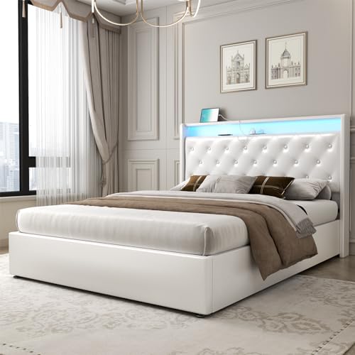 Loomie Queen Lift Up Bed Frame with Charging Station&LED Lights,Leather Upholstered Bed with Button Tufted Wingback Storage Headboard,Hydraulic Storage, No Box Spring Needed,Wood Slats Support (White)