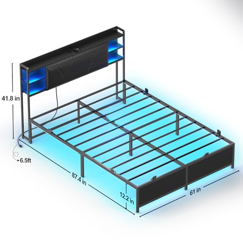 Unikito Queen Size Bed Frame with Charging Station and RGB LED Lights, Sturdy Platform Bed with Upholstered Storage Headboard, Solid Metal Slats, Noise Free, No Box Spring Needed, Easy Assembly, Black