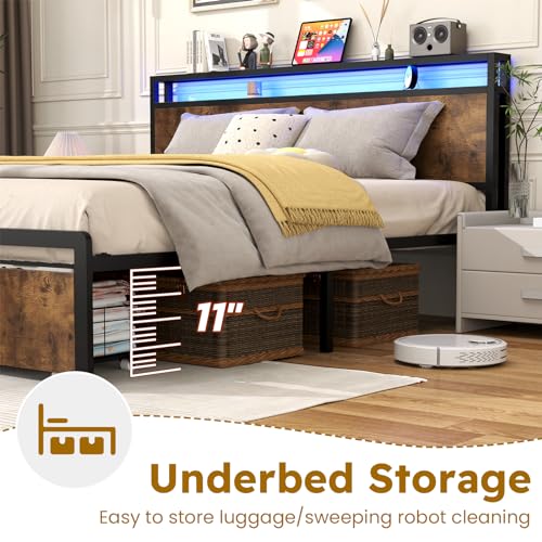 Kiivakii Full Size Bed Frame, LED Storage Headboard with Charging Station, 2 Drawers Platform Bed Frame, Stable and Solid, No Box Spring Needed, Rustic Brown
