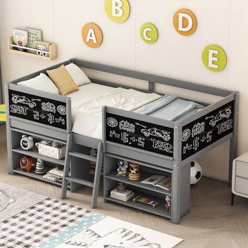 Twin Size Low loft Bed with Movable Shelves for Kids,Kids Low Loft Bed Frame with Guardrail Chalkboard and Storage,Solid Wood Loft Bed Twin for Boys,Girls(Gray)