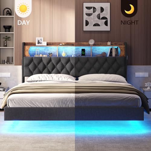 BTHFST King Floating Bed Frame with LED Light, Upholstered Headboard with Storage Headboard & Charging Station, King Platform Bed Frame (Dark Grey, King)