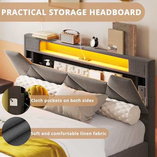 ANCTOR Full Bed Frame with Storage Headboard and Charging Station, LED Lights Upholstered Platform Bed, Heavy Duty Steel Support Legs, Easy Assembly, Noise Free, Grey