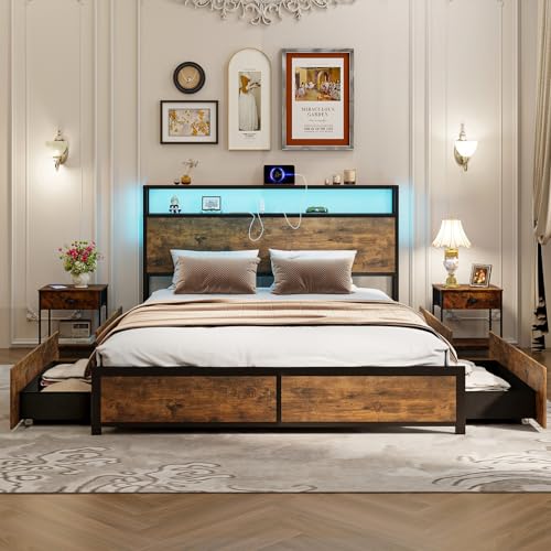 Giantex Queen Bed Frame with LED Lights Headboard and 4 Storage Drawers, Metal Platform Bed with Outlets and USB Ports Charging Station, Smart LED Bed Frame, Easy Assembly, No Box Spring Needed
