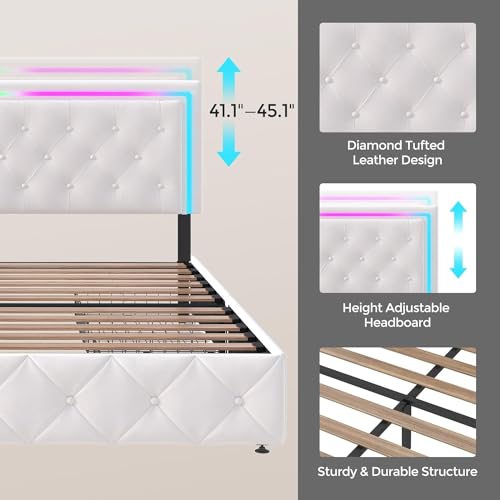 Queen Size Bed Frame with 4 Drawers and Adjustable LED Headboard, Velvet Upholstered Platform Storage Bed with Charging Station, Wooden Slats Support, No Box Spring Needed, White