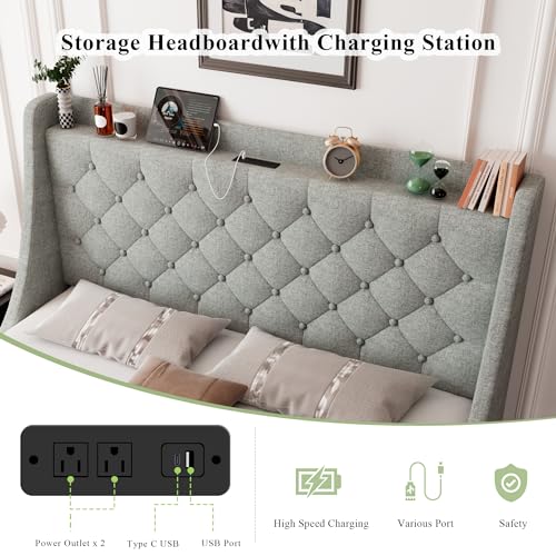 Feonase Queen Size Bed Frame with 4 Storage Drawers, Upholstered Storage Bed with Charging Station, Tufted Wingback Storage Headboard, No Box Spring Needed, Light Grey