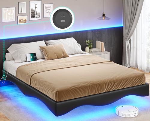 AOGLLATI Floating Bed Frame Full Size with Charging Station, Black Modern Led Platform Metal Bed Frame Full Size with Leather Wave Molding and Stable Structure,No Box Spring Needed, (Black, Full)