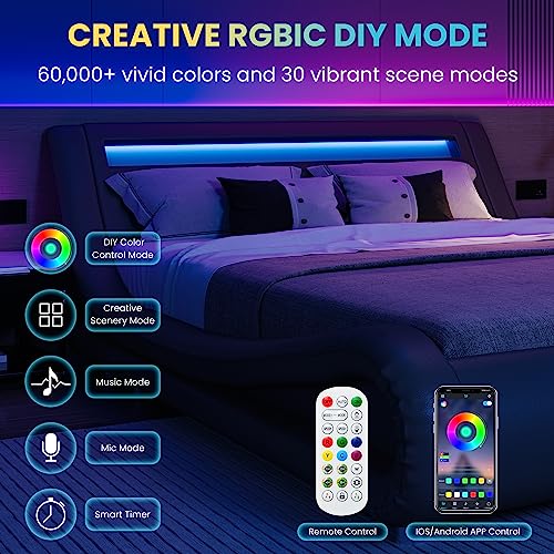 SHA CERLIN LED Queen Bed Frame with Adjustable Headboard - Low Profile Sleigh Design, Strong Wood Slats Support and Mattress Foundation, No Box Spring Needed, Grey
