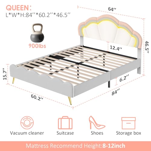 Winkalon Queen Upholstered Smart LED Bed Frame with Adjustable Headboard, Platform Bed Frame Queen Size with Wooden Slats Support, No Box Spring Needed, Easy Assembly, White Bed