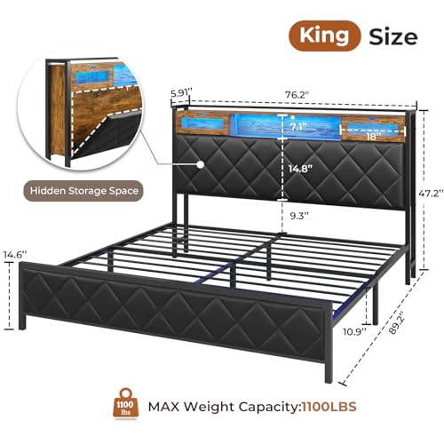 DICTAC King Size Metal Bed Frame with Headboard and Charging Station, King Platform Bed Frame with Led Lights and Storage, Heavy Duty Metal Slats, No Box Spring Needed, Noise Free, Easy Assembly,Black