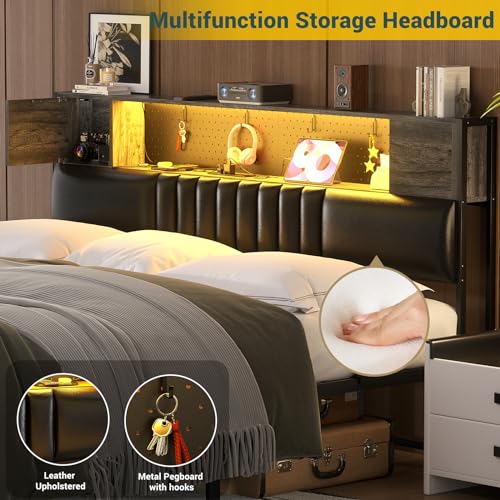 Unikito King Size Bed Frame with LED Light & Power Outlets, Platform Bed with Upholstered Headboard and Storage, Sturdy Metal Slats Support, No Box Spring Needed, Easy Assembly, Noise-Free, Black Oak