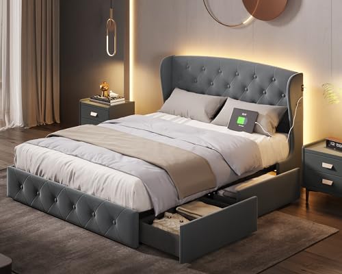 LINSY Queen Bed Frame with 4 Storage Drawers & LED Lights, Velvet Upholstered Bed Queen Size, Button Tufted Wingback Headboard, 2 * Type-C Chargers, No Box Spring Needed, Dark Grey