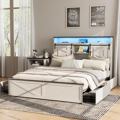Fameill Farmhouse Queen Size Bed Frame with 4 Drawers and Bookcase Headboard, Sliding Barn Door Storage Shelves, LED Lights and Charging Station, No Box Spring Needed, Antique White
