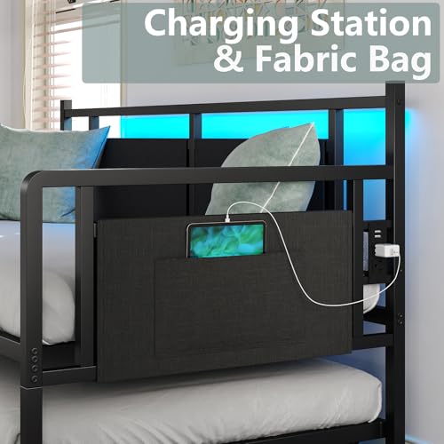 Furniouse Daybed with Charging Station and LED Lights, Twin Daybed with Trundle, Metal Sofa Bed Frame with Steel Slat Support for Living Room, Bedroom, Guest Room Black
