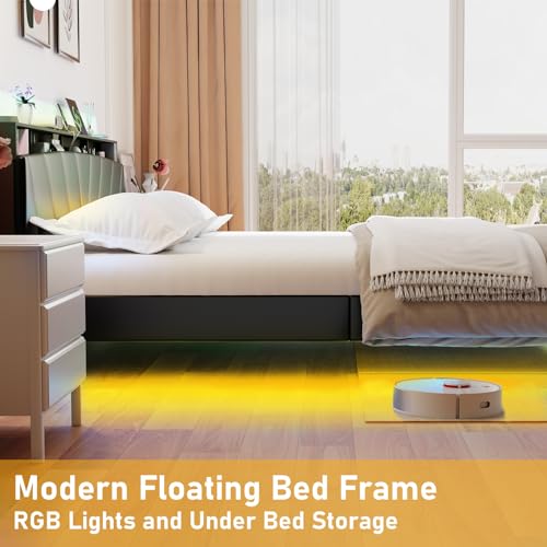 DYHOME Floating Bed Frame King Size with Headboard Storage, King Bed Frame with Charging Station & LED Lights, PU Leather Upholstered Platform Bed Frame, No Box Spring Needed, Easy Assembly, Black