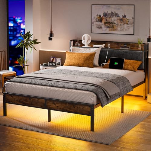 Queen Bed Frame with Headboard, Queen Size Metal Platform Bed with Smart LED Lights and USB Charging Station, Easy Assembly, No Box Spring Needed
