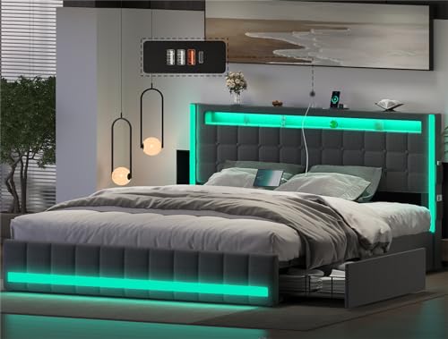 CSZZD Queen Bed Frame with 4 Storage Drawers & LED Lights, Light up Upholstered Platform Bed Frame Queen Size with Charging Station & Adjustable Headboard, No Noise, No Box Spring Needed, Dark Grey