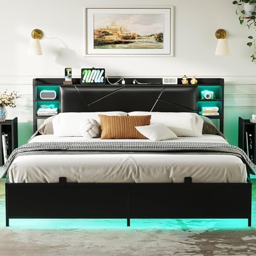 Unikito Queen Size Bed Frame with Smart LED Lights and Power Outlet, Stable Platform Bed with Upholstered Storage Headboard, Solid Metal Slats, Noise Free, No Box Spring Needed, Easy Assembly, Black