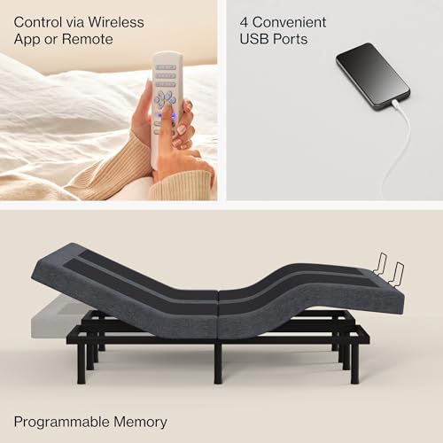Nectar Premier Adjustable Base - Queen - Head & Foot Incline - Wireless Remote with Memory- 3 Massage Settings - 4 USB Ports - Anti-Snore & Zero Gravity