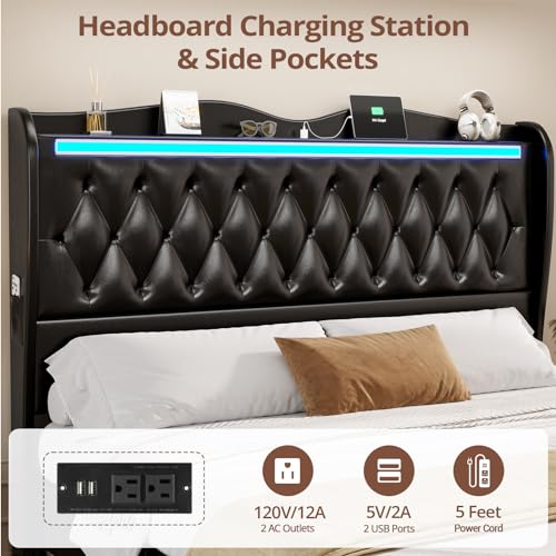 BTHFST King Size Bed Frame Tall Headboard with LED Lights & Charging Station, Upholstered Wing Headboard & Footboard, Heavy Duty Wooden Slats, No Box Spring Needed, Easy Assembly (Black, King)