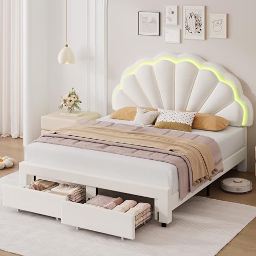HIFIT Queen Upholstered Smart LED Bed Frame with 2 Storage Drawers & Adjustable Chic Double Petal Headboard, Velvet Princess Platform Bed with Solid Wood Slat/No Box Spring Needed/Easy Assembly, Beige