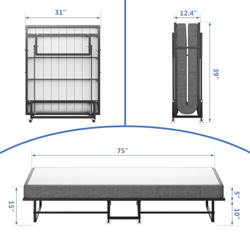 ROOMTEC Folding Bed with Mattress,Portable Rollaway Guest Bed for adults,75" x 31"Cot Size Bed Frame with Memory Foam Mattress,Space-Saving Adult Bed for Guest with Bed Side Pocket