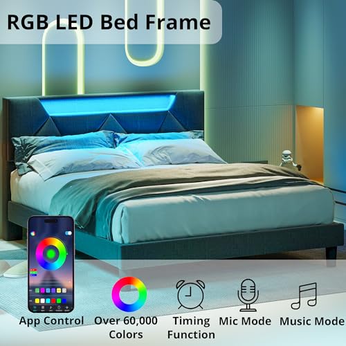 ANCTOR Full Bed Frame with Storage Headboard and Charging Station, LED Lights Upholstered Platform Bed, Heavy Duty Steel Support Legs, Easy Assembly, Noise Free, Grey