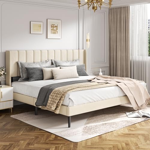 HAOARA King Size Velvet Bed Frame and Vertical Chanel Tufted Headboard, Upholstered Platform Bed wtih Wingback, Strong Wooden Slats, No Box Spring Needed, Beige