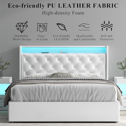 Loomie Queen Lift Up Bed Frame with Charging Station&LED Lights,Leather Upholstered Bed with Button Tufted Wingback Storage Headboard,Hydraulic Storage, No Box Spring Needed,Wood Slats Support (White)
