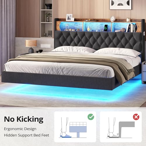 BTHFST King Floating Bed Frame with LED Light, Upholstered Headboard with Storage Headboard & Charging Station, King Platform Bed Frame (Dark Grey, King)