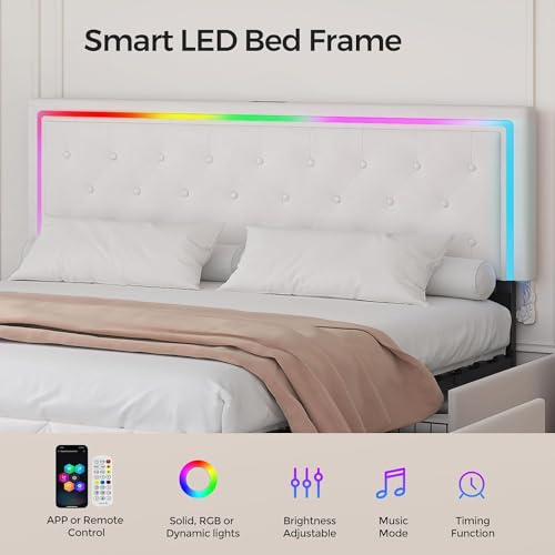 Queen Size Bed Frame with 4 Drawers and Adjustable LED Headboard, Velvet Upholstered Platform Storage Bed with Charging Station, Wooden Slats Support, No Box Spring Needed, White
