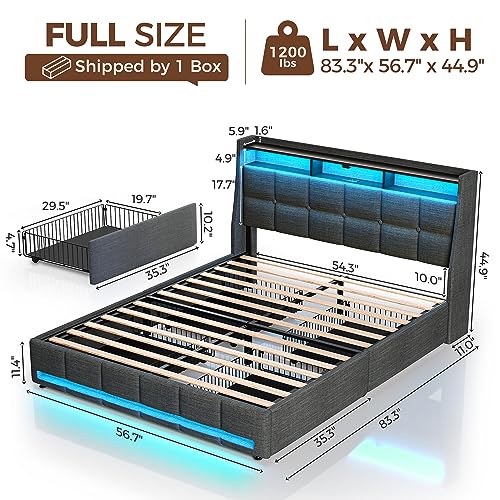 Rolanstar Full Size Bed Frame with LED Lights and Charging Station, Upholstered Bed Storage Headboard & Drawers, Heavy Duty Wood Slats, Easy Assembly