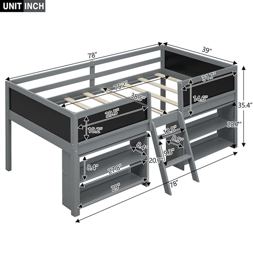 Twin Size Low loft Bed with Movable Shelves for Kids,Kids Low Loft Bed Frame with Guardrail Chalkboard and Storage,Solid Wood Loft Bed Twin for Boys,Girls(Gray)