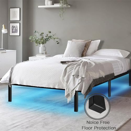 HAAGEEP Metal Full Size Bed Frame with Led Lights Double Platform Bedframe No Box Spring Needed Mattress Frames 14 Inch High