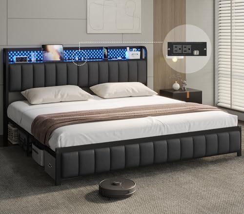 ADORNEVE King Size Bed Frame with LED Lights Headboard, Upholstered Platform Bed with Charging Station, LED Bed Frame with Storage Headboard, Upgraded 2-Row Mid-Beams, Noise-Free, Dark Grey