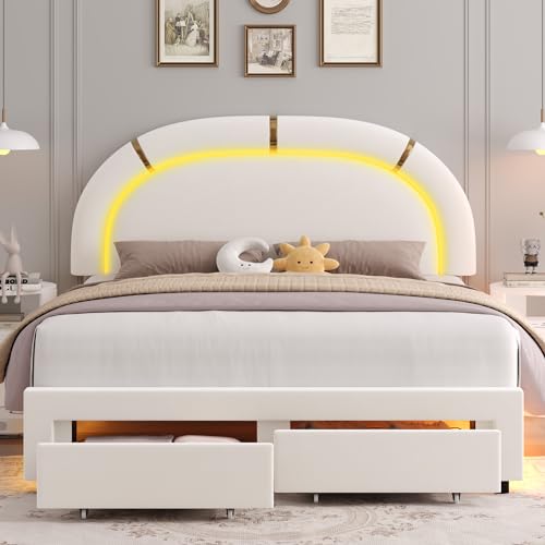 Keyluv Full Upholstered LED Bed Frame with 2 Storage Drawers and Adjustable Semicircle Headboard, Smart Platform Bed Frame with Golden Trim, Wooden Slats Support, Box Spring Optional, Velvet, Beige