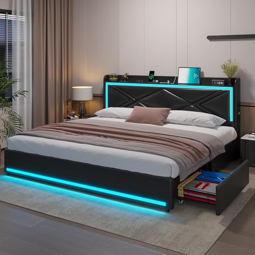 HAUOMS King Bed Frame with Storage Drawers and LED Lights, Pu Leather Platform Bed King Size with Headboard Storage, Type-C & USB Charging Station, Solid Wooden Slats, No Box Spring Needed, Black