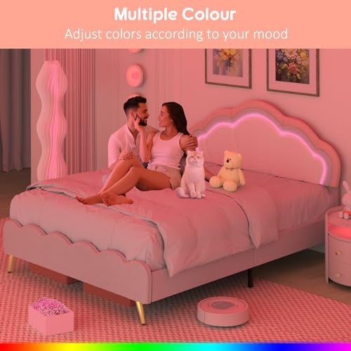 Winkalon Queen Upholstered Smart LED Bed Frame with Adjustable Headboard, Platform Bed Frame Queen Size with Wooden Slats Support, No Box Spring Needed, Easy Assembly, White Bed
