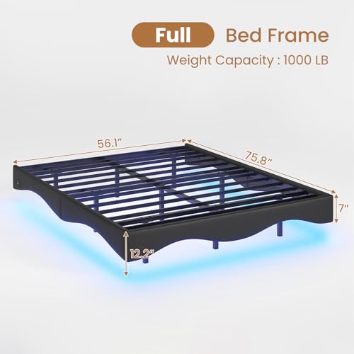 AOGLLATI Floating Bed Frame Full Size with Charging Station, Black Modern Led Platform Metal Bed Frame Full Size with Leather Wave Molding and Stable Structure,No Box Spring Needed, (Black, Full)