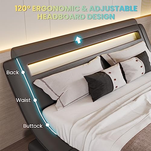 SHA CERLIN LED Queen Bed Frame with Adjustable Headboard - Low Profile Sleigh Design, Strong Wood Slats Support and Mattress Foundation, No Box Spring Needed, Grey