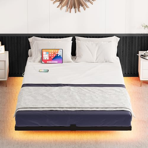 YITAHOME Floating Bed Frame Full Size, LED Bed Frame with Charging Station, Metal Platform Full Bed with Heavy Duty Steel Slats Supports, No Box Spring Needed, Easy Assembly, Black