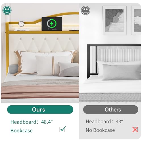 YITAHOME Queen Bed Frame with LED Lights, Platform Upholstered Bed with 4 Storage Drawers and Charging Station, Crystal Button-Tufted Headboard Footboard, No Box Spring Needed - White