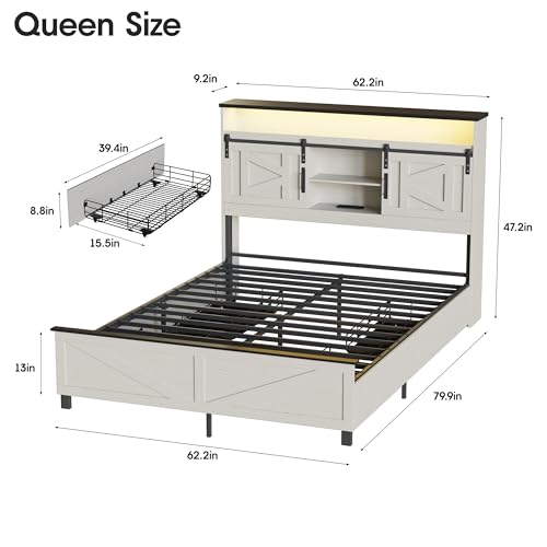 Fameill Farmhouse Queen Size Bed Frame with 4 Drawers and Bookcase Headboard, Sliding Barn Door Storage Shelves, LED Lights and Charging Station, No Box Spring Needed, Antique White