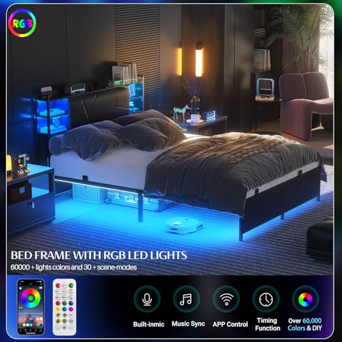 Unikito Queen Size Bed Frame with Charging Station and RGB LED Lights, Sturdy Platform Bed with Upholstered Storage Headboard, Solid Metal Slats, Noise Free, No Box Spring Needed, Easy Assembly, Black