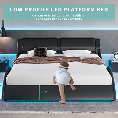 DICTAC Queen Led Bed Frame Modern Faux Leather Upholstered Platform Bed Frame with RGB LED Lights and Headboard Wave Like Curve Low Profile Bed Frame,Wood Slats Support,Easy Assembly,Black