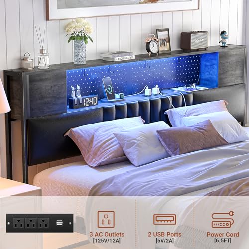 Unikito King Size Bed Frame with LED Light & Power Outlets, Platform Bed with Upholstered Headboard and Storage, Sturdy Metal Slats Support, No Box Spring Needed, Easy Assembly, Noise-Free, Black Oak